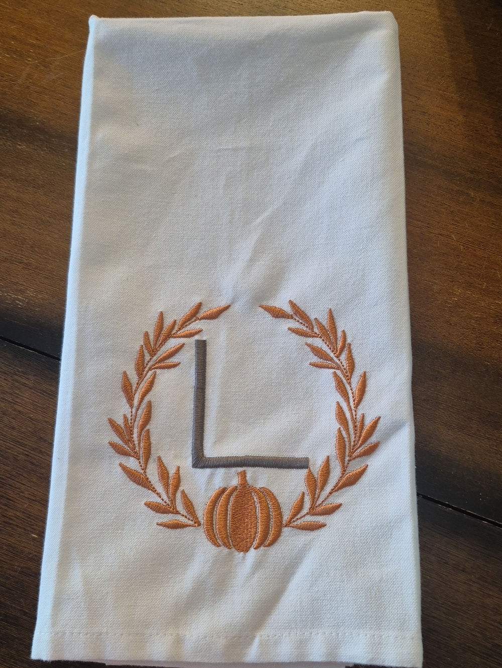 Linen Fall Kitchen Guest Room Tea Towel Initial L Pumpkin Orange Vine Embroidery